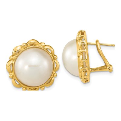 14K Yellow Gold Button Cultured Pearl Mabe Omega-Back Stud Earrings
