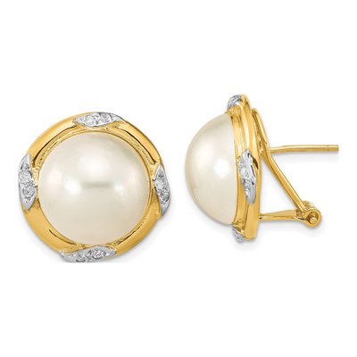 14K Yellow Gold 0.16 ct tw Button Cultured Pearl & Diamond Mabe Omega Back Stud Earrings