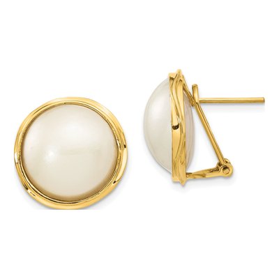 14K Yellow Gold Button Freshwater Cultured Pearl Mabe Omega Back Stud Earrings