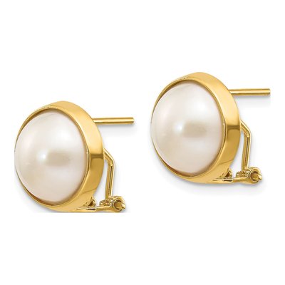 14K Yellow Gold Button Freshwater Cultured Pearl Omega Back Stud Earrings – view 2