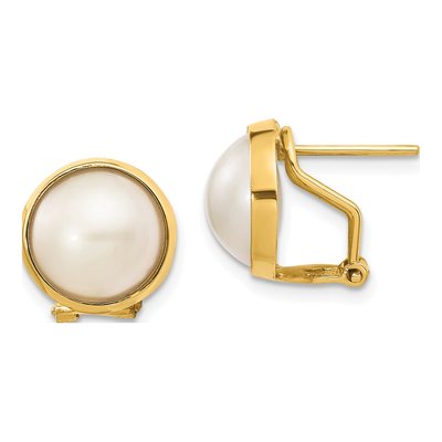 14K Yellow Gold Button Freshwater Cultured Pearl Omega Back Stud Earrings