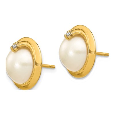 14K Yellow Gold Freshwater Cultured Pearl & Diamond Mabe Stud Earrings – view 2