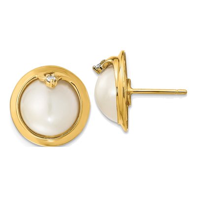14K Yellow Gold Freshwater Cultured Pearl & Diamond Mabe Stud Earrings