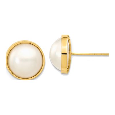 14K Yellow Gold Button Freshwater Cultured Pearl Mabe Stud Earrings