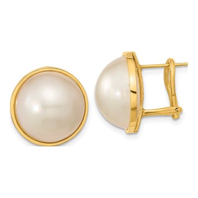 14K Yellow Gold Button Cultured Pearl Mabe Omega Back Stud Earrings