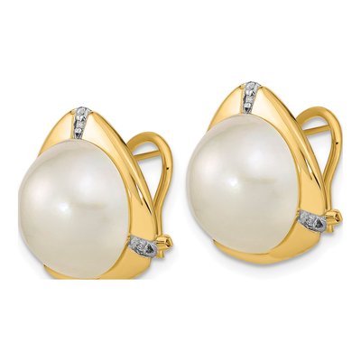 14K Yellow Gold 1/20 ct tw Button Cultured Pearl & Diamond Mabe Omega Back Stud Earrings – view 2