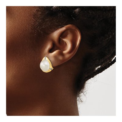 14K Yellow Gold 1/20 ct tw Button Cultured Pearl & Diamond Mabe Omega Back Stud Earrings – view 3