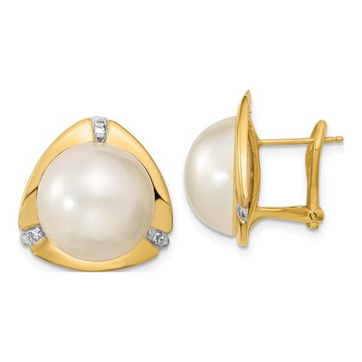 14K Yellow Gold 1/20 ct tw Button Cultured Pearl & Diamond Mabe Omega Back Stud Earrings