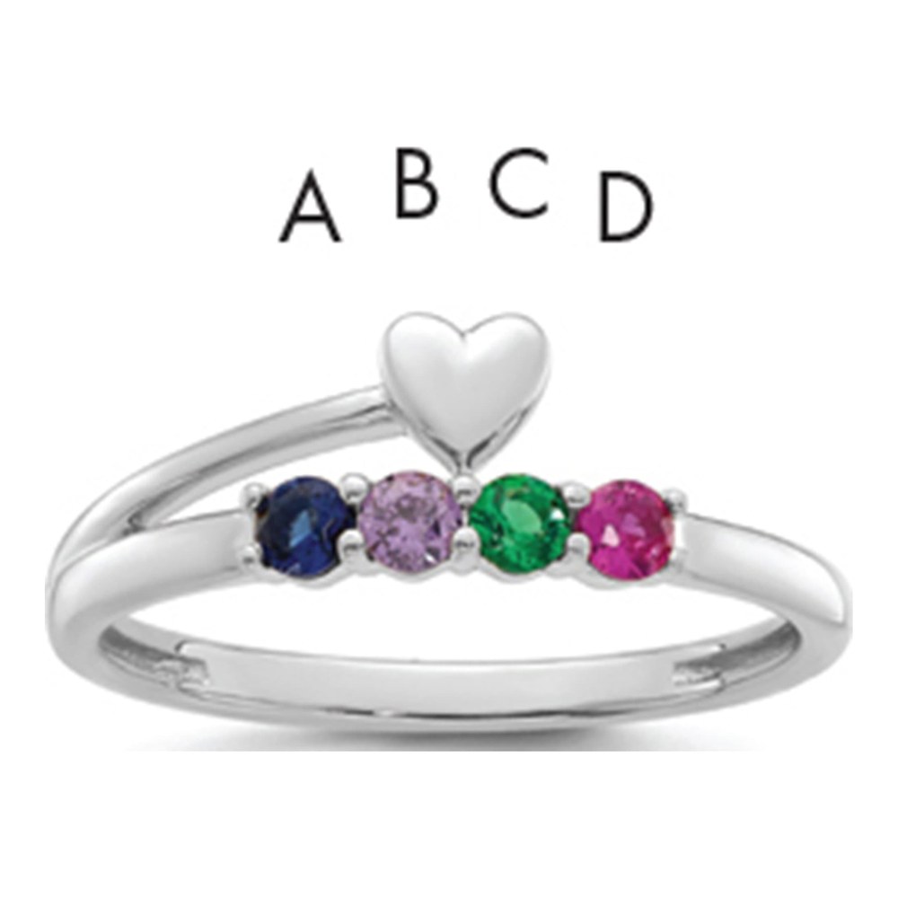 14K White Gold Rhodium-Plated Heart With 4 Birthstone Mother's Ring Mounting