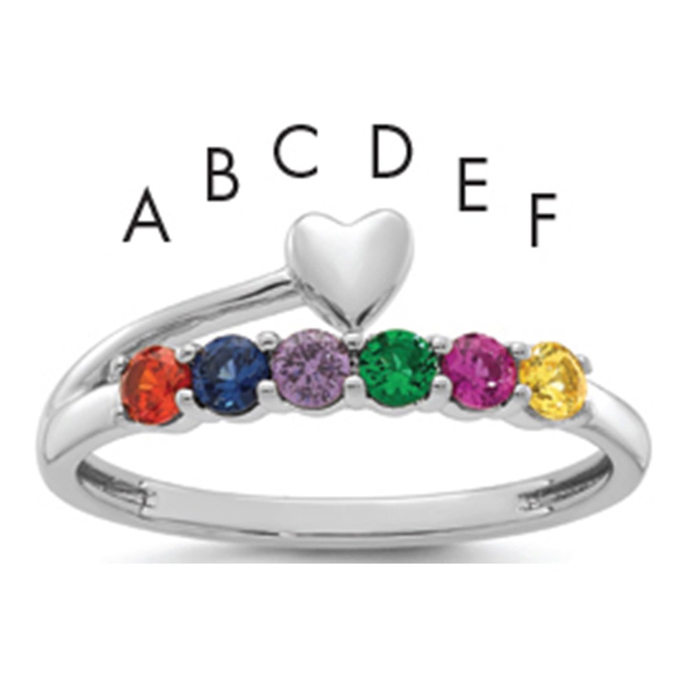 14K White Gold Rhodium-Plated Heart With 6 Genuine Birthstone Mother's Ring