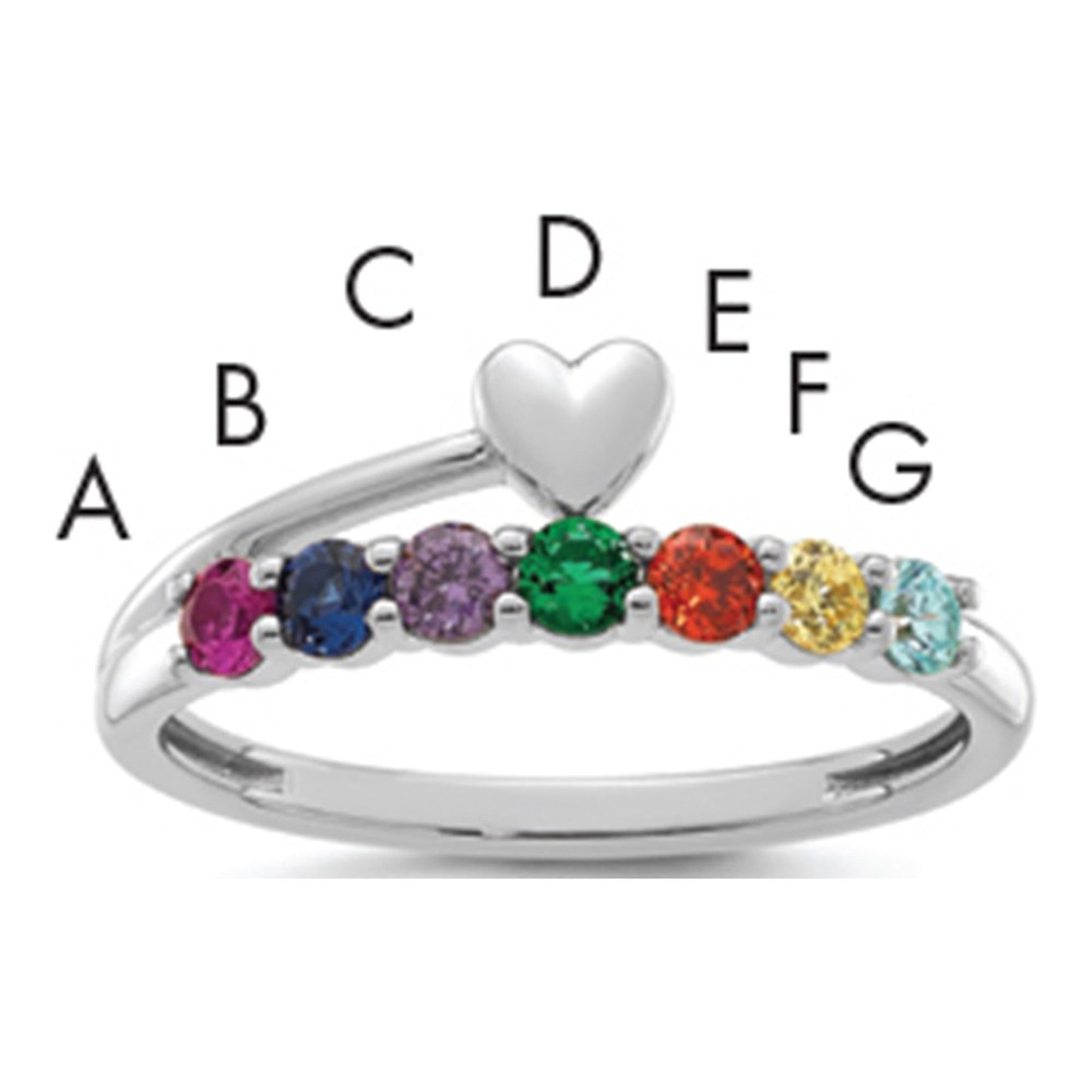 14K White Gold Rhodium-Plated Heart With 7 Birthstone Mother's Ring Mounting