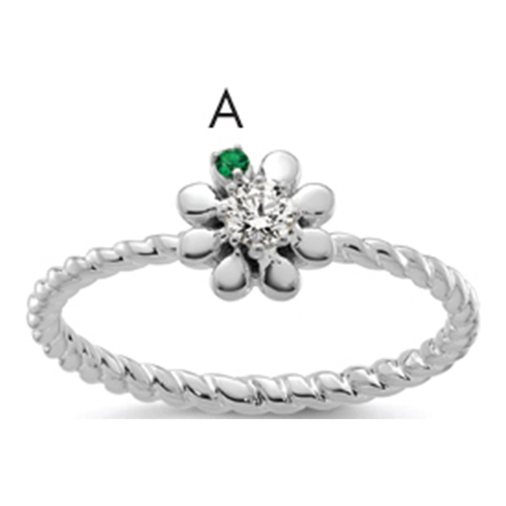 14K White Gold Rhodium-Plated 1 Birthstone Flower With 0.103ct Diamond Mother's Ring
