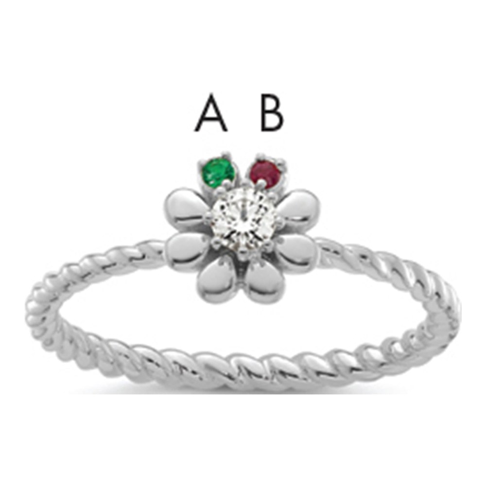 14K White Gold Rhodium-Plated 2 Birthstone Flower With 0.103ct Diamond Mother's Ring