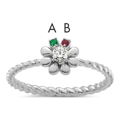 14K White Gold 1/10 ct tw Diamond 2-Birthstone Flower Ring