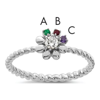 14K White Gold 1/10 ct tw Diamond 3-Birthstone Flower Ring