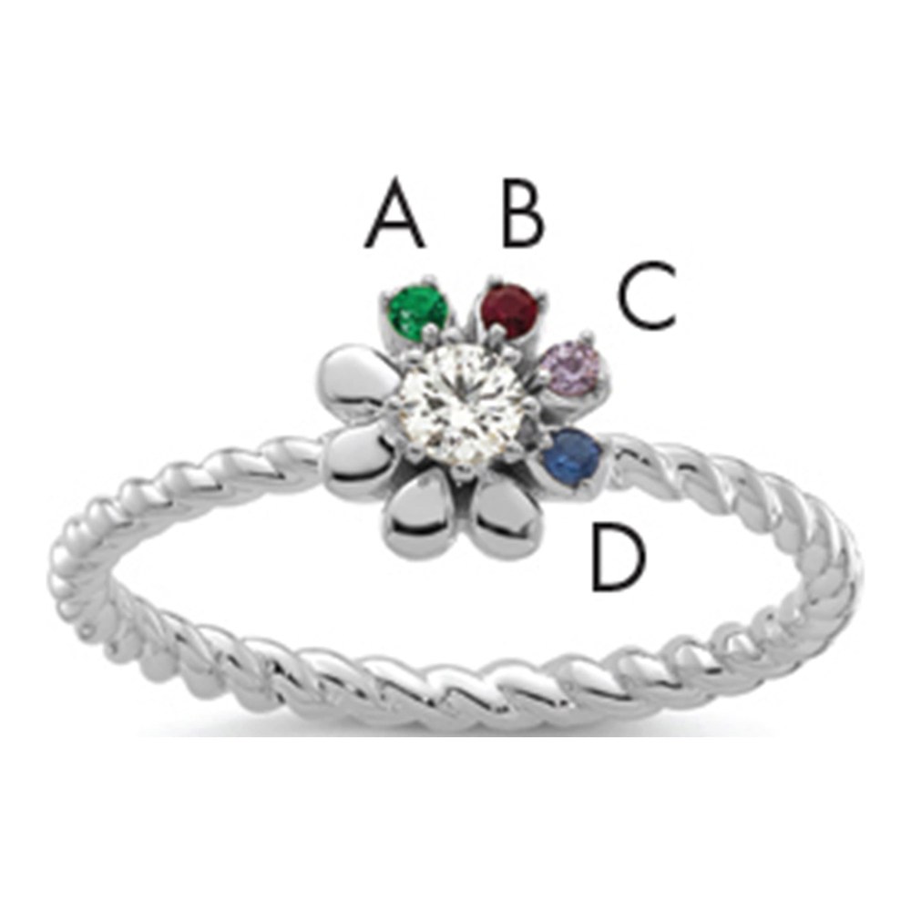 14K White Gold Rhodium-Plated 4 Birthstone Flower With 0.103ct Diamond Mother's Ring