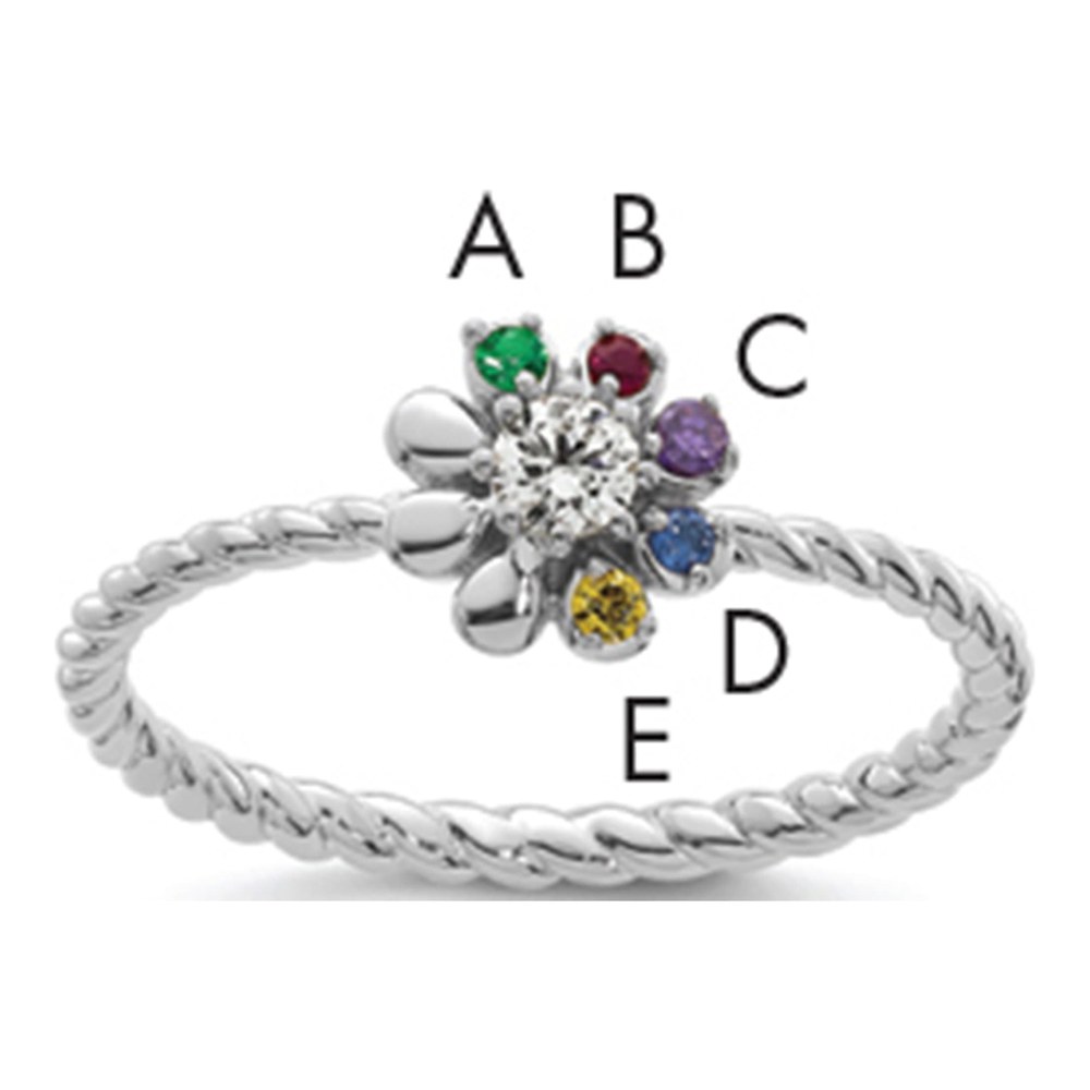 14K White Gold Rhodium-Plated 5 Birthstone Flower With 0.103ct Diamond Mother's Ring