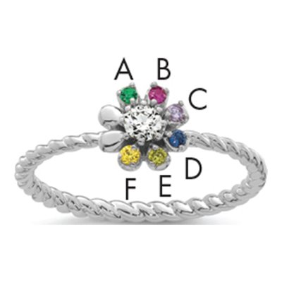 14K White Gold 1/10 ct tw Diamond 6-Birthstone Flower Ring