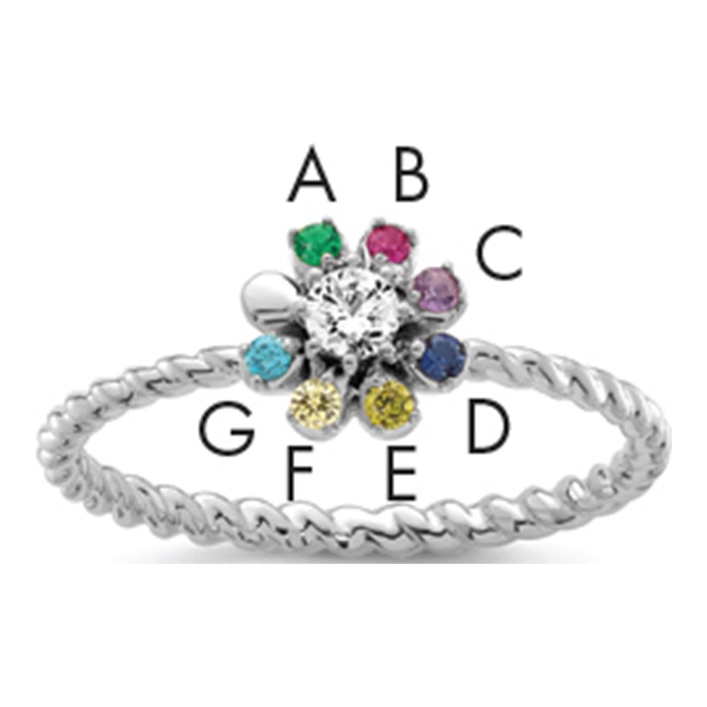 14K White Gold Rhodium-Plated 7 Birthstone Flower With 0.103ct Diamond Mother's Ring