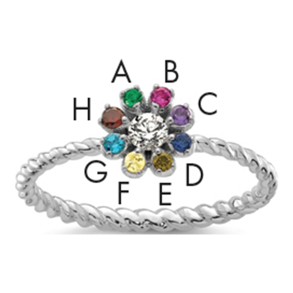 14K White Gold Rhodium-Plated 8 Birthstone Flower With 0.103ct Diamond Mother's Ring