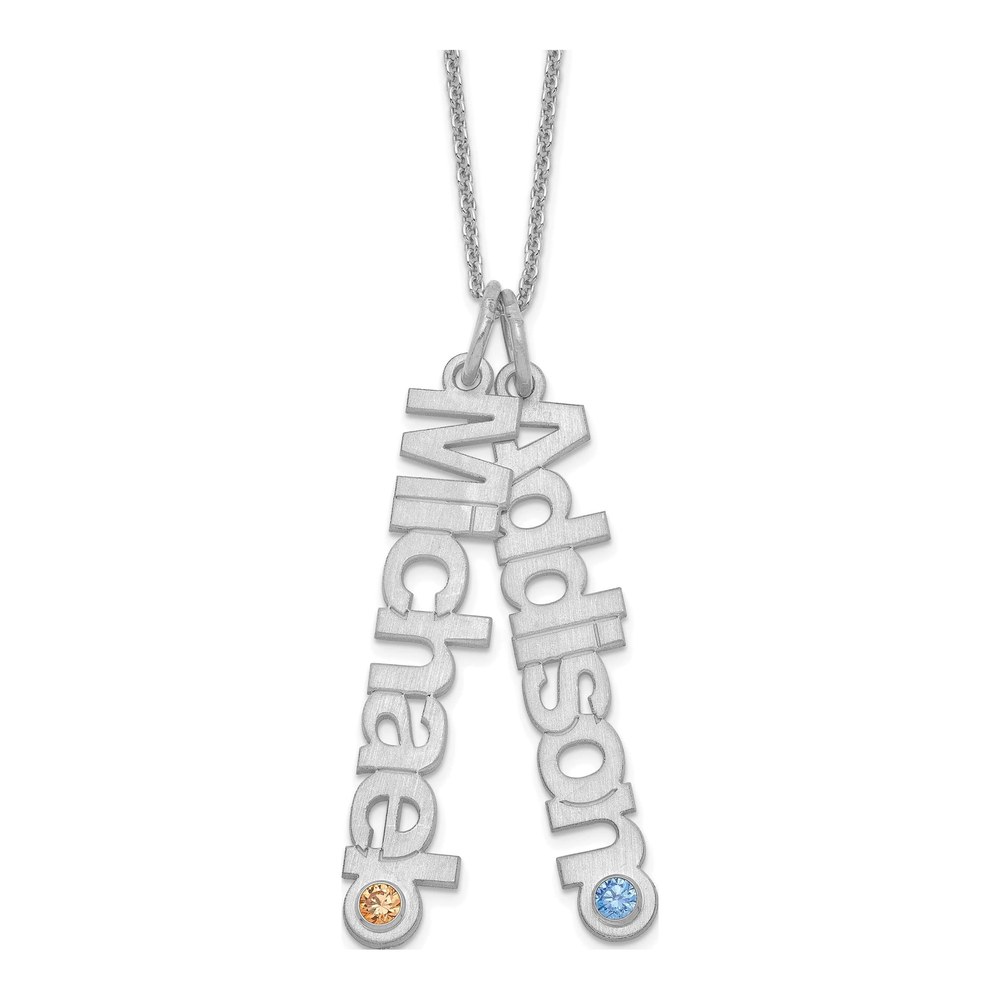 14K White Gold Rhodium-Plated Satin 2 Names Birthstone With 14K Bezel Necklace