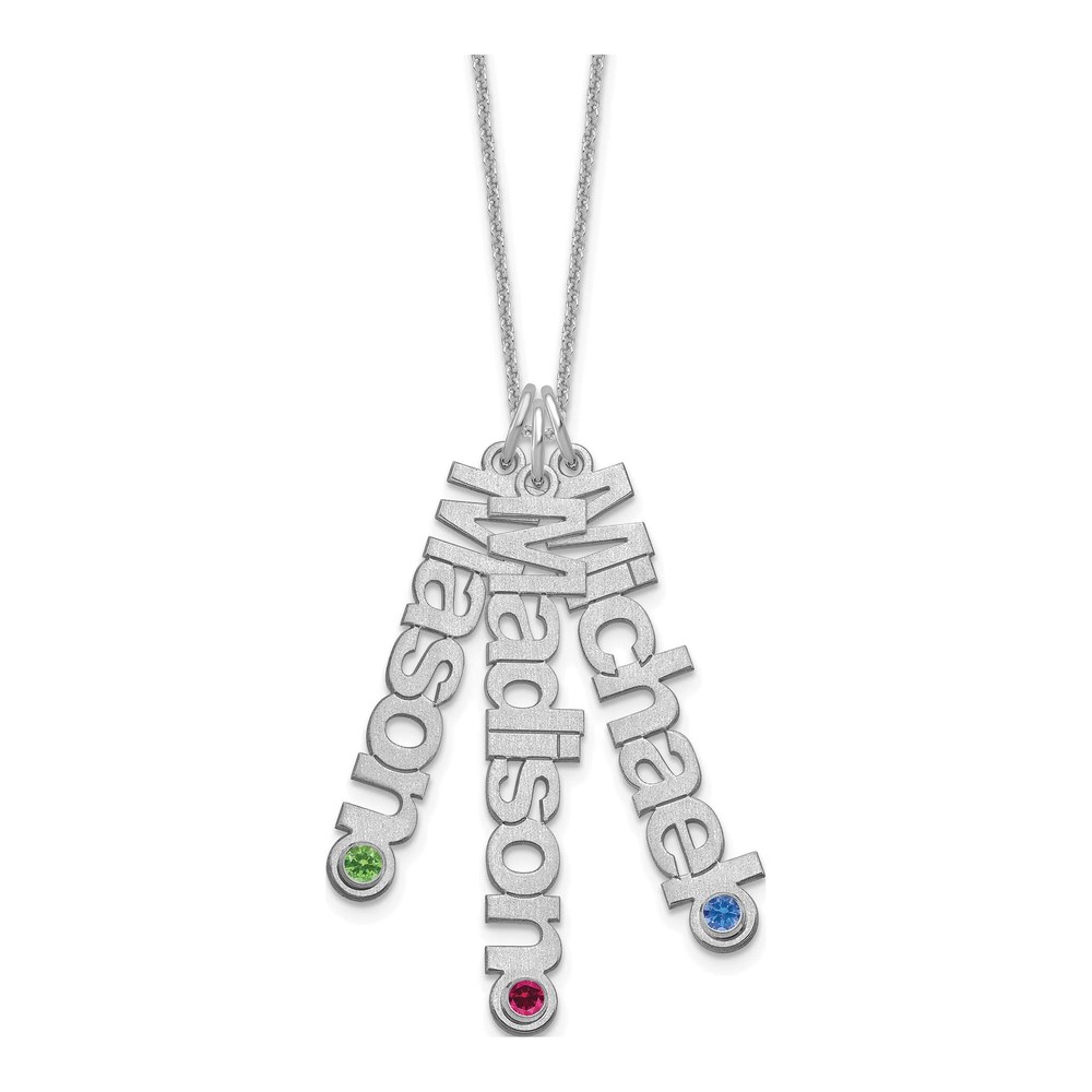 14K White Gold Rhodium-Plated Satin 3 Names Birthstone With 14K Bezel Necklace