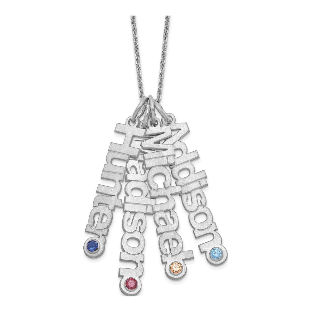 14K White Gold Rhodium-Plated Satin 4 Names Birthstone With 14K Bezel Necklace