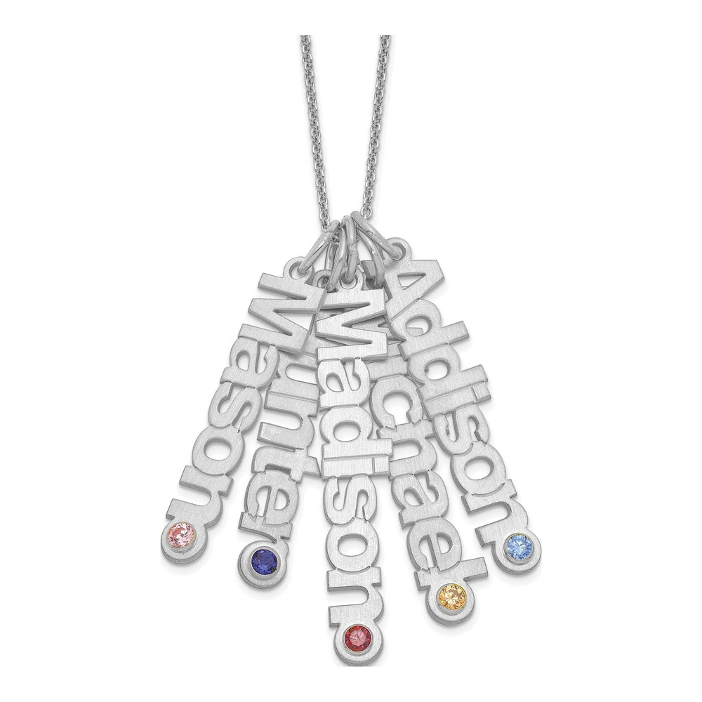 14K White Gold Rhodium-Plated Satin 5 Names Birthstone With 14K Bezel Necklace