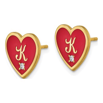 Gold-Plated Sterling Silver 1.5mm Round Diamond Personalized Initial Heart Stud Earrings – view 2