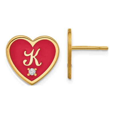 Gold-Plated Sterling Silver 1.5mm Round Diamond Personalized Initial Heart Stud Earrings