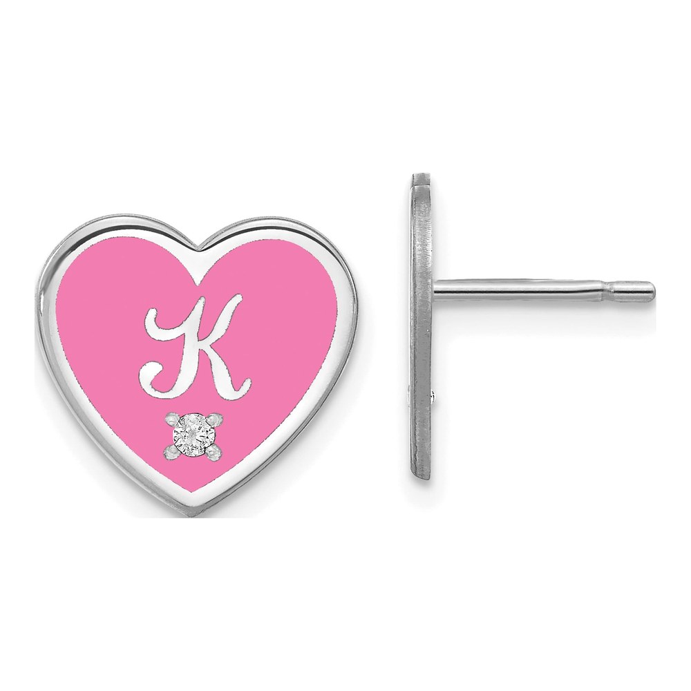 Sterling Silver/rhodium-Plated Initial Enameled Heart With 0.015ct Diamond Post Earrings
