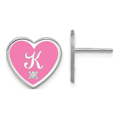 Sterling Silver 1.5mm Round Diamond Initial Heart Stud Earrings