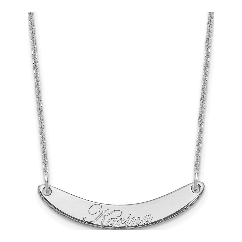 14K White Gold 18 Inch Small Edwardian Script Curved Bar Necklace with Lobster Clasp