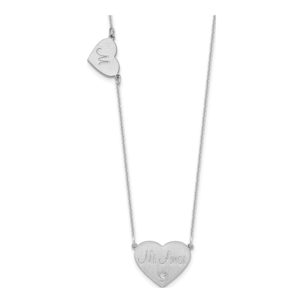 14K White Gold Rhodium-Plated Brushed 2 Station Heart 0.025ct Diamond Necklace
