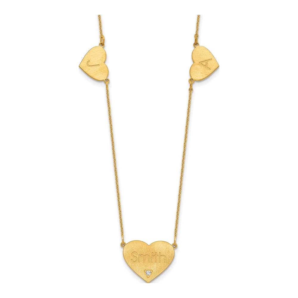 14K Yellow Gold Brushed 3 Station Heart 0.025ct Diamond Necklace