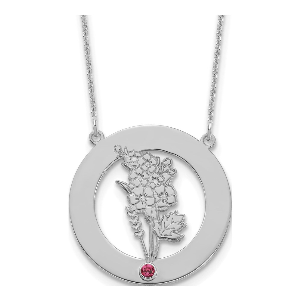 14K White Gold Rhodium-Plated Circle With 1 Birth Flower And Birthstone Necklace with Lobster Clasp