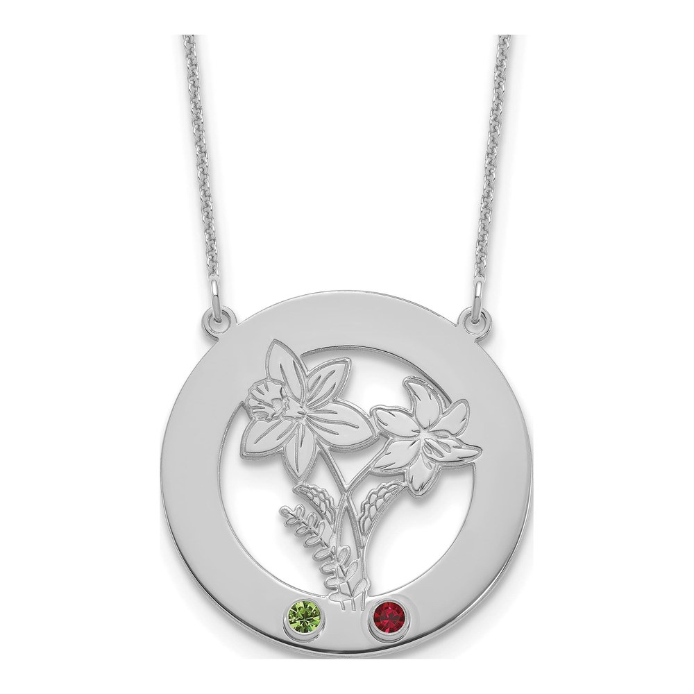 14K White Gold Rhodium-Plated Circle With 2 Birth Flower And Birthstone Necklace with Lobster Clasp