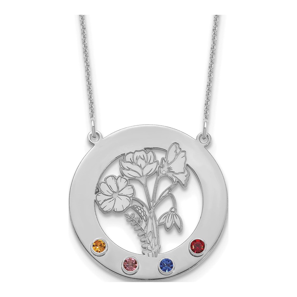 14K White Gold Rhodium-Plated Circle With 4 Birth Flower And Birthstone Necklace with Lobster Clasp