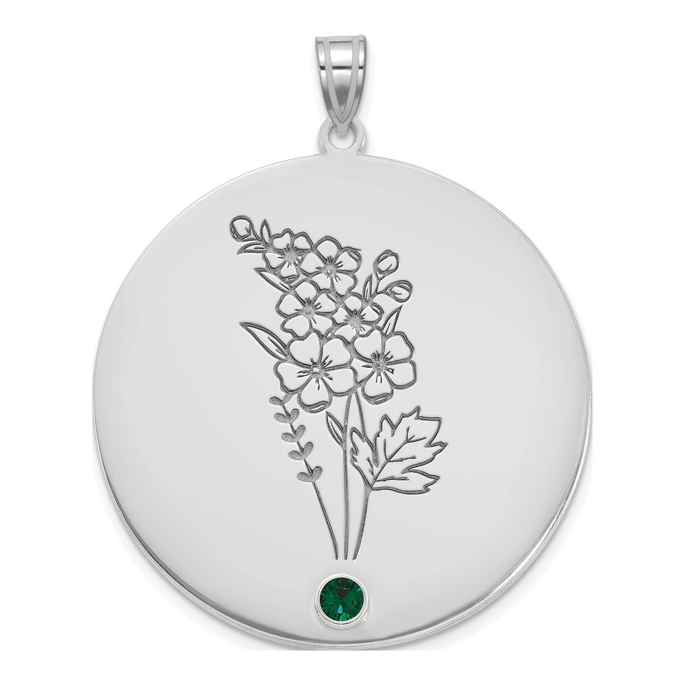 14K White Gold Rhodium-Plated Circle With 1 Birth Flower And Birthstone Pendant