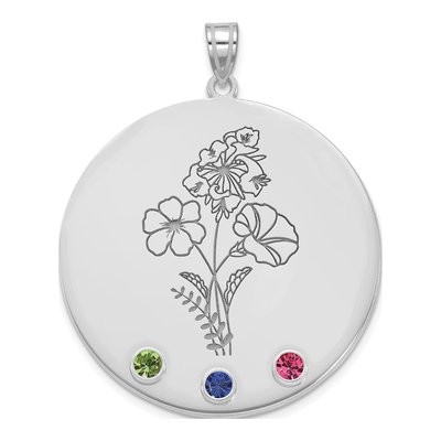 14K White Gold Personalized Circle Birth Flower Pendant