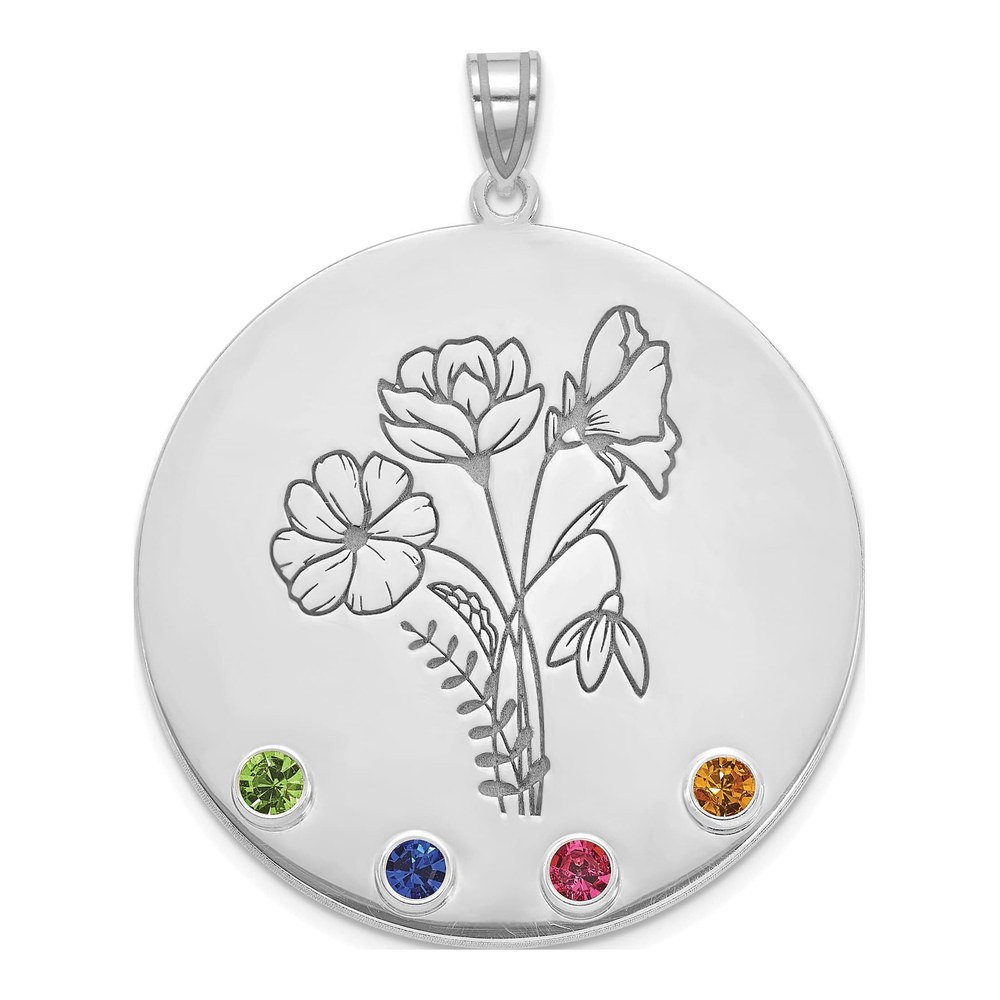 14K White Gold Rhodium-Plated Circle With 4 Birth Flower And Birthstone Pendant