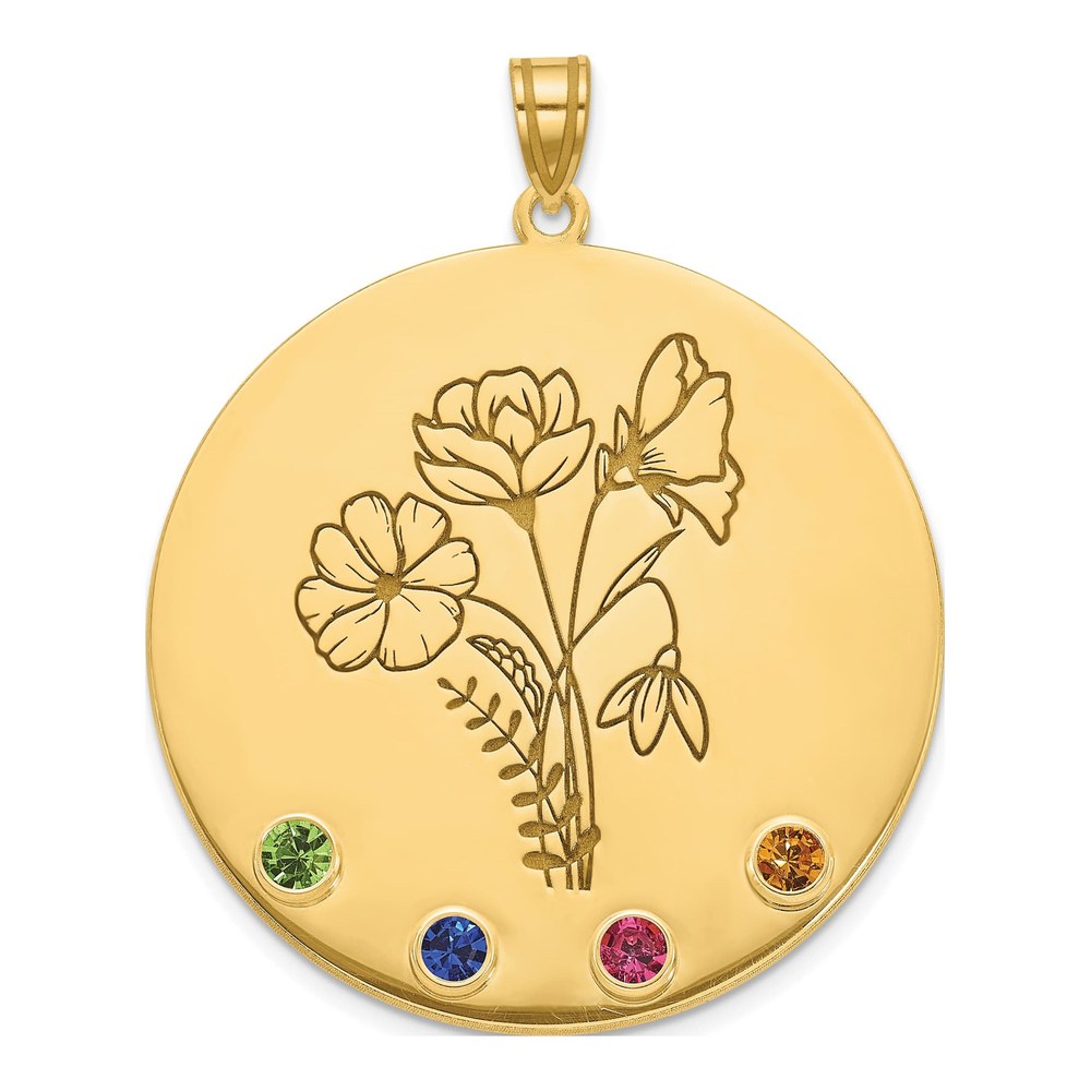 14K Yellow Gold Circle With 4 Birth Flower And Birthstone Pendant