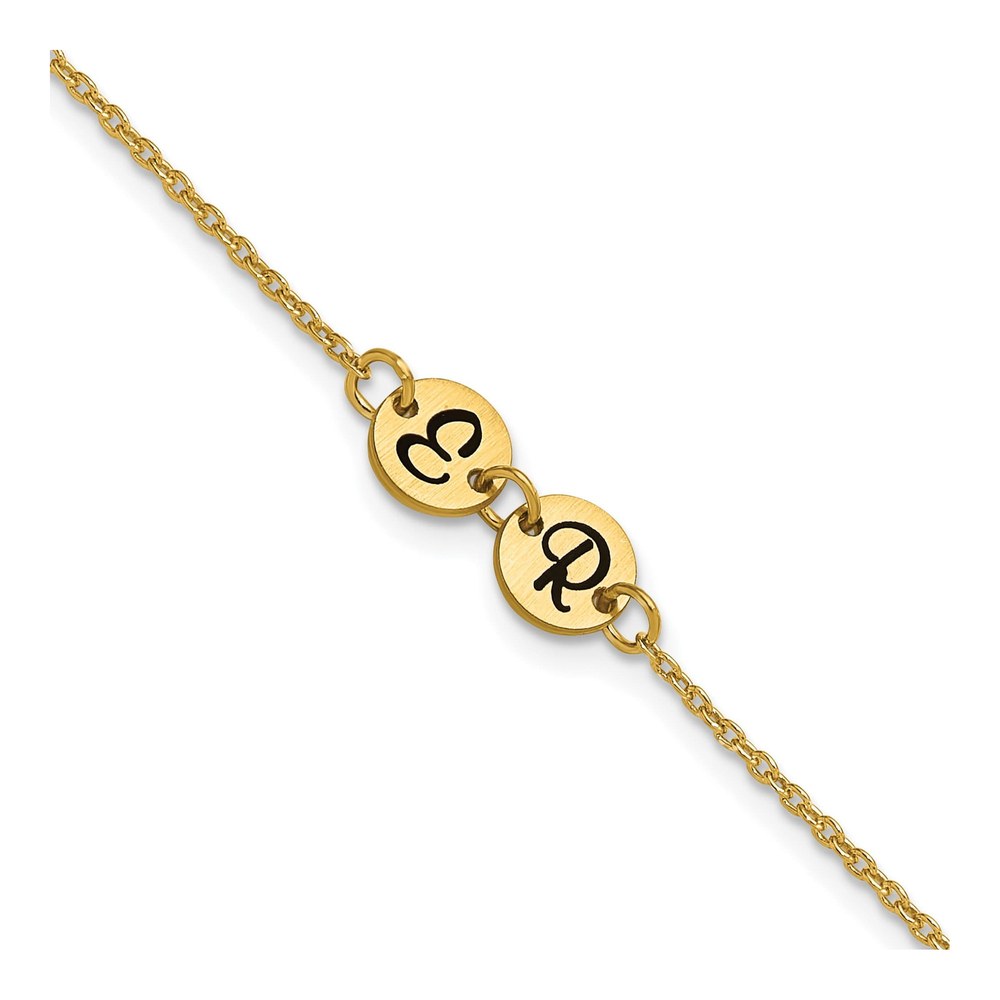 14K Yellow Gold 7 Inch Brushed 2 Station Disc With Epoxy Initial Bracelet