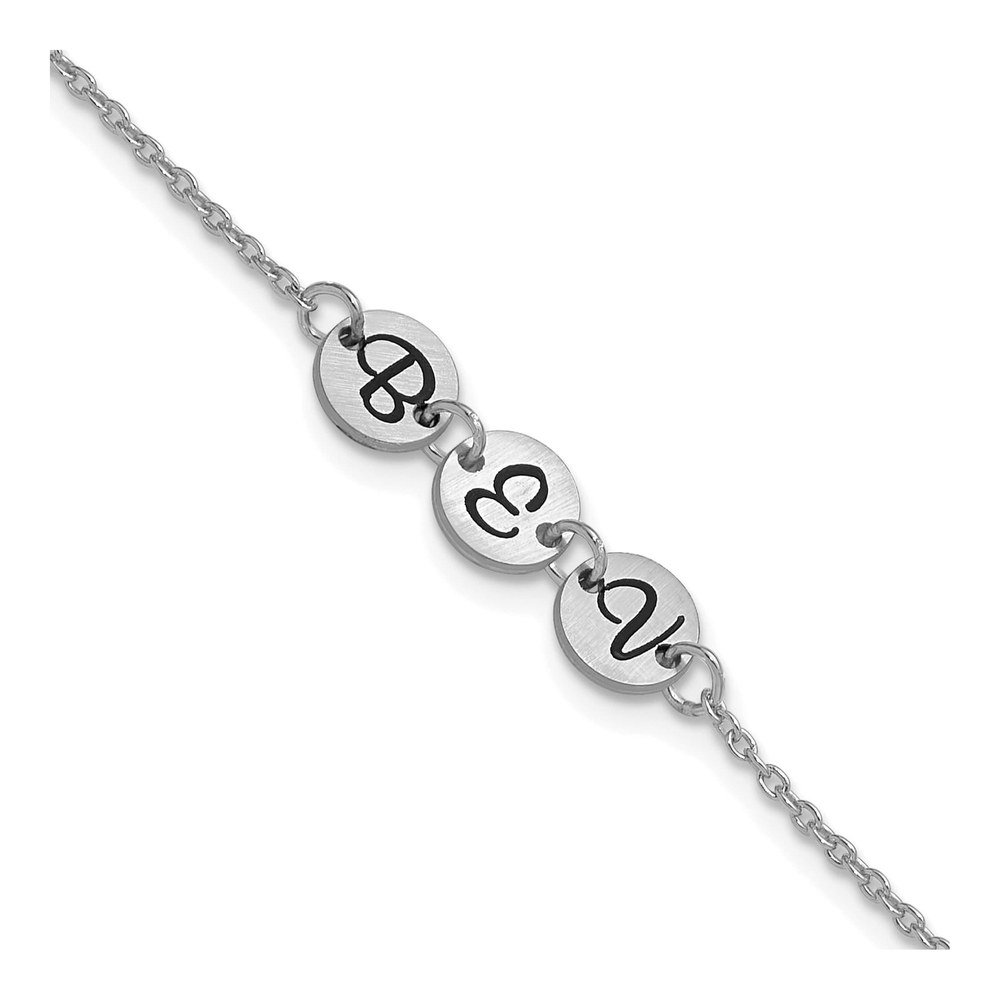 14K White Gold Rhodium-Plated 7 Inch Brushed 3 Station Disc With Epoxy Initial Bracelet