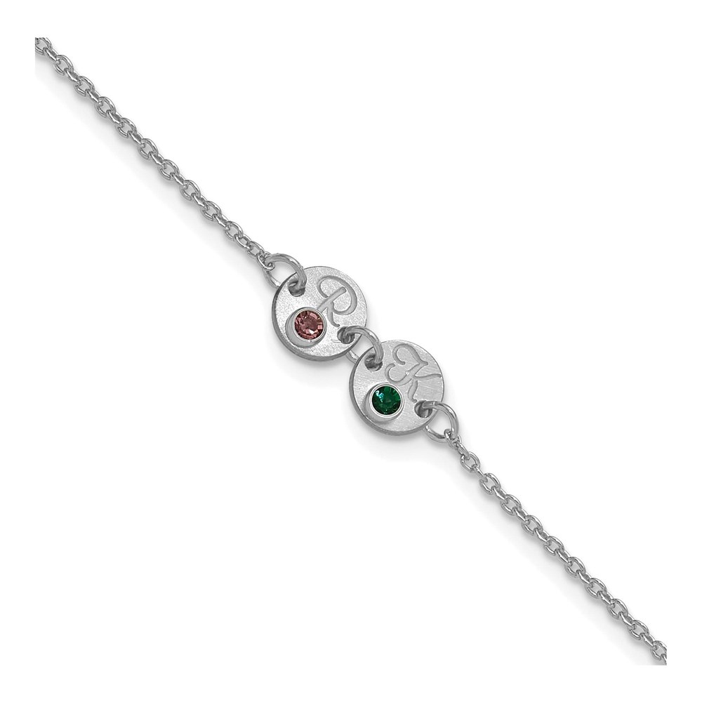 14K White Gold Rhodium-Plated 7 Inch 2 Disc With Initial And Birthstone Bracelet