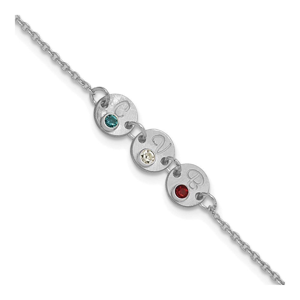 14K White Gold Rhodium-Plated 7 Inch 3 Disc With Initial And Birthstone Bracelet
