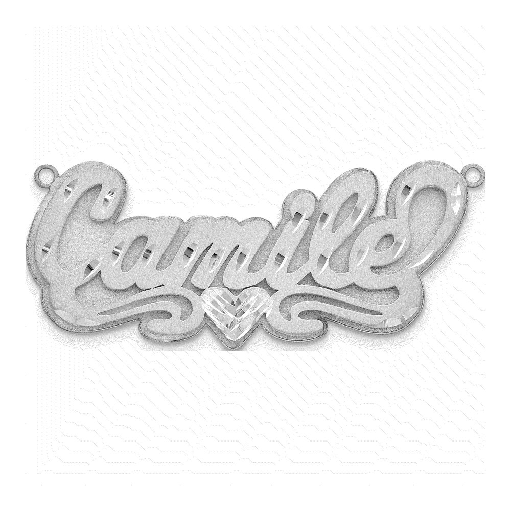 14K White Gold Rhodium-Plated 3-D Satin Diamond-Cut Heart Name Plate