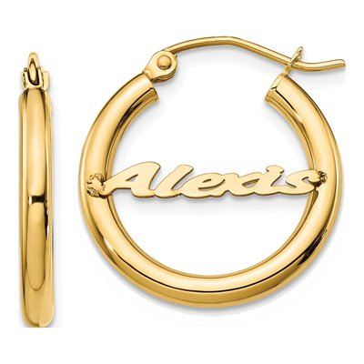 14K Yellow Gold 21mm Personalized Name Plate Hoop Earrings