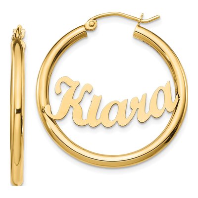 14K Yellow Gold 30mm Personalized Name Plate Hoop Earrings