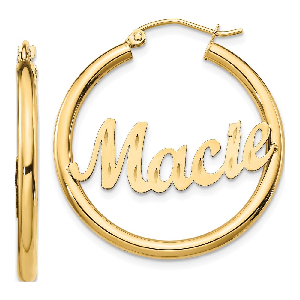 14K Yellow Gold Diamond-Cut Name Plate Hoop Earrings